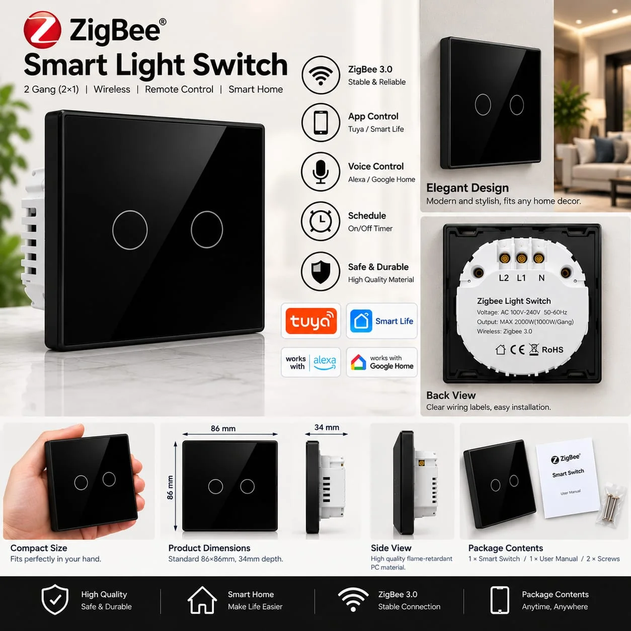 SMART SWITCH 2 GANG ZIGBEE