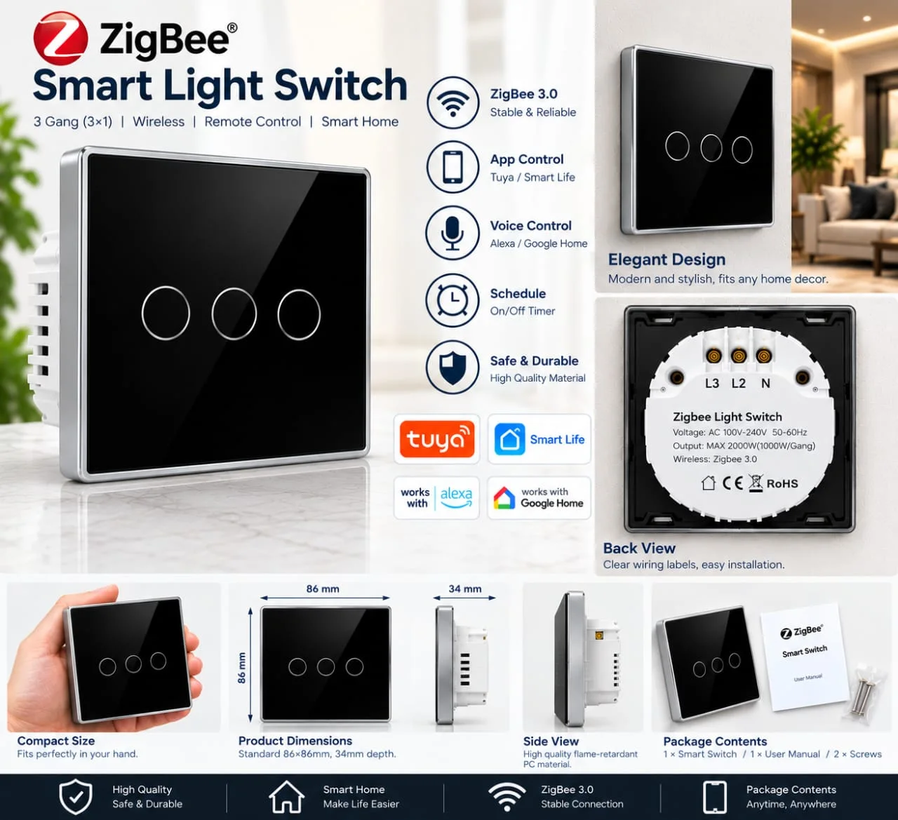 SMART SWITCH 3 GANG ZIGBEE